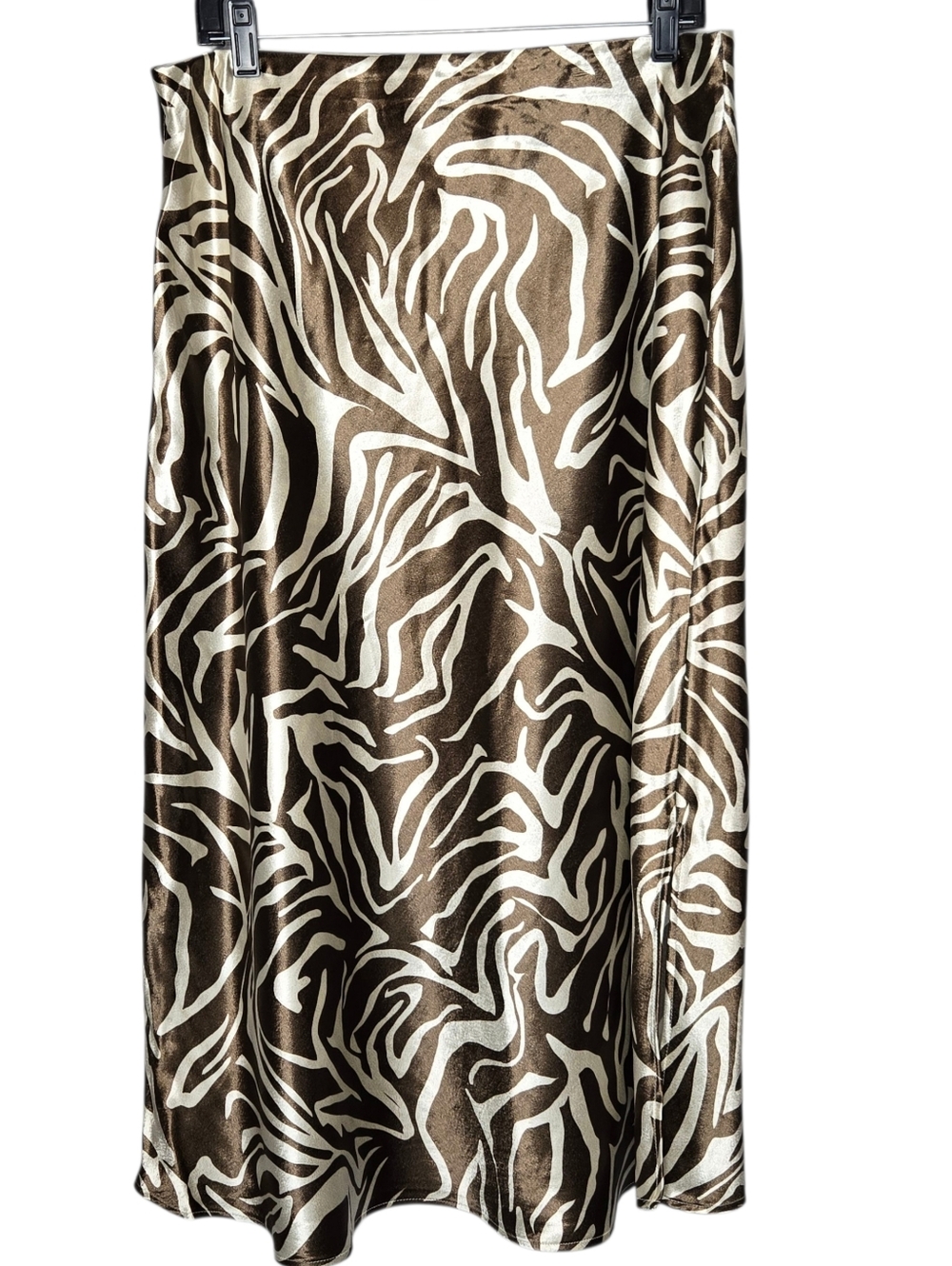 Calligraphie Zebra Animal Print Midi Skirt Large Brown‎ Cream Satin Slip Y2k